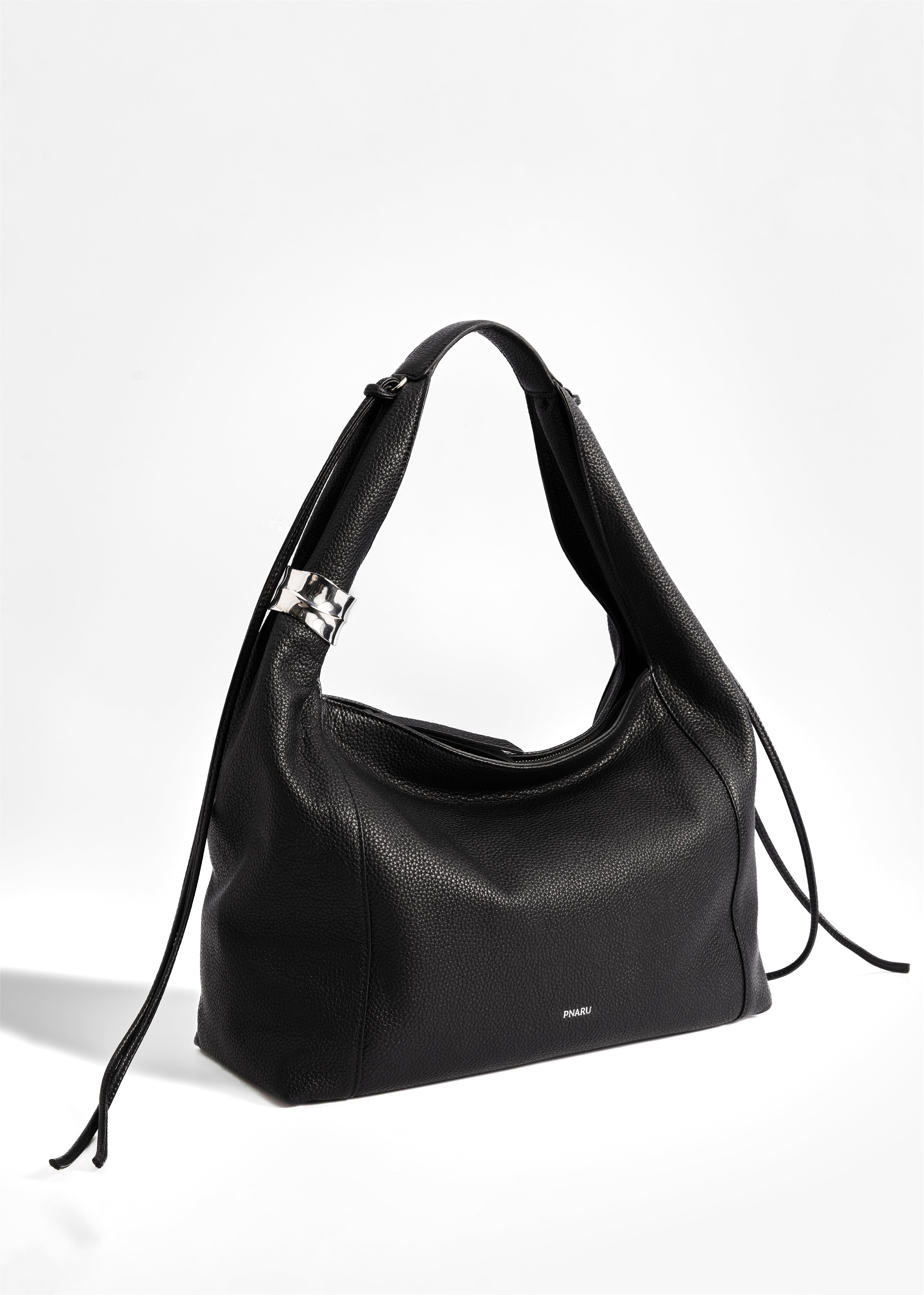 PNARU LUNA Black Floater Leather, Silver Hardware