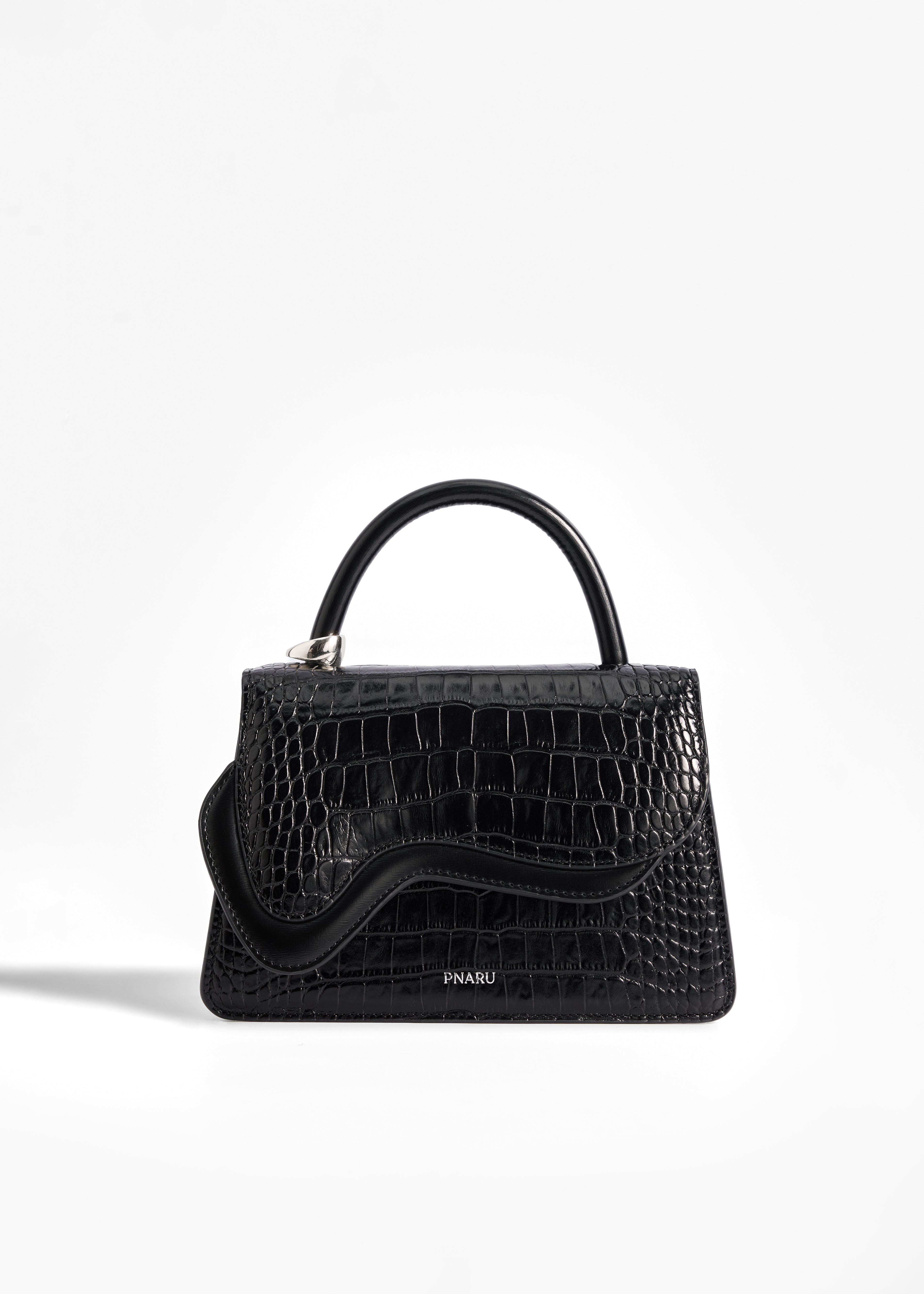 PNARU NUV Black Croc-Embossed Leather, Silver Hardware Front