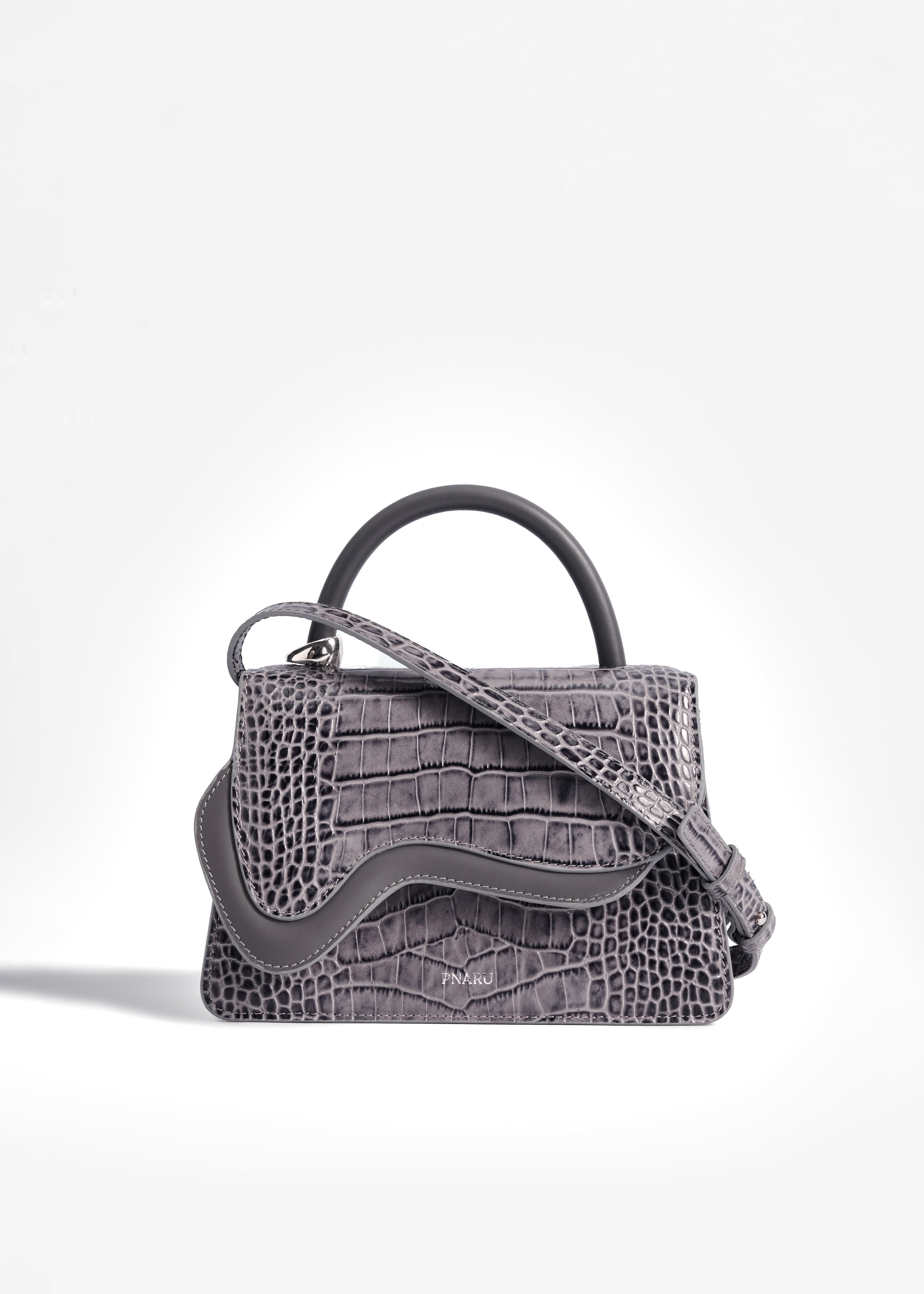 PNARU NUV Grey Croc-Embossed Leather, Silver Hardware