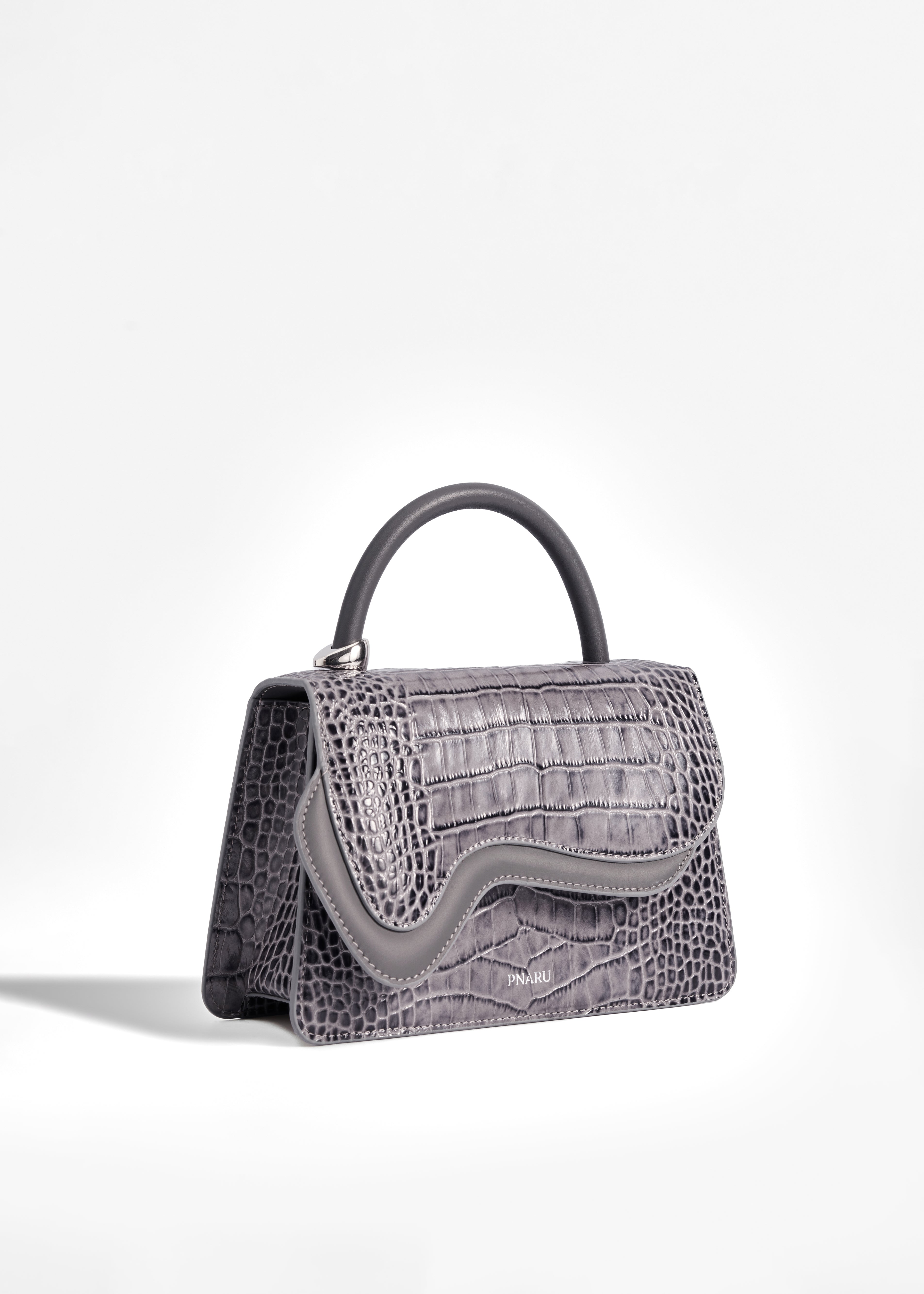 PNARU NUV Grey Croc-Embossed Leather, Silver Hardware