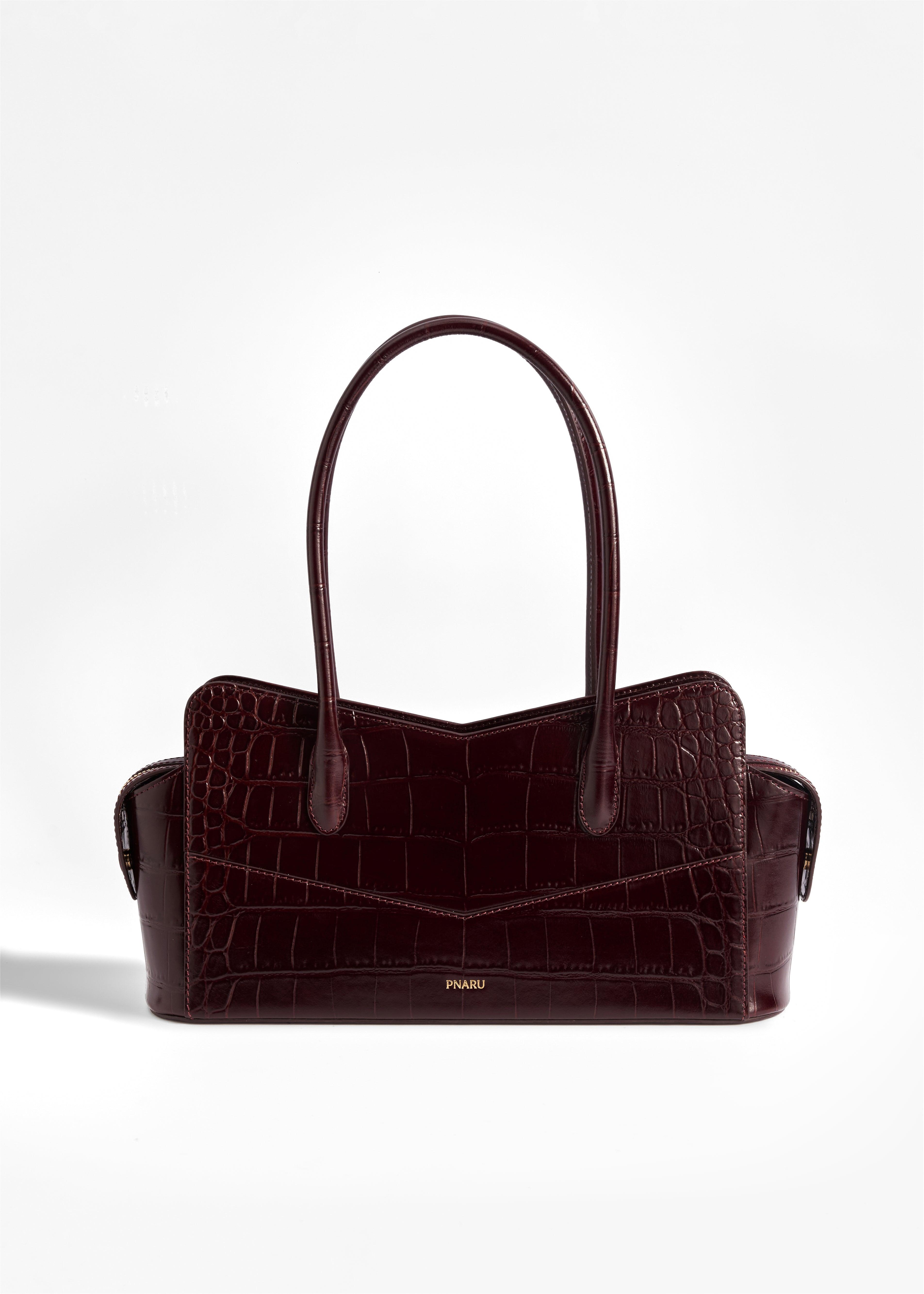PNARU VENA EAST WEST Burgundy Croc-Embossed Leather