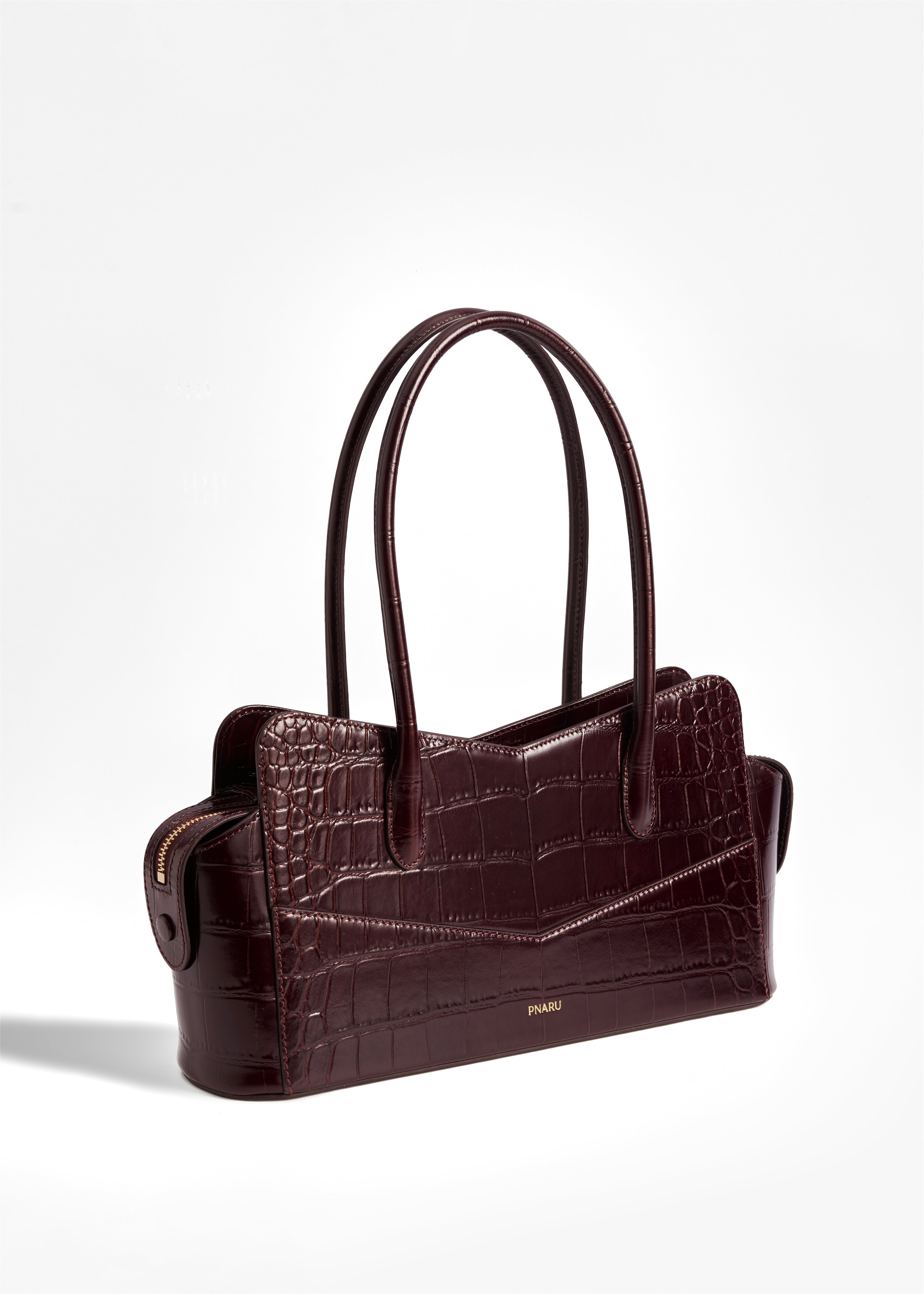 PNARU VENA EAST WEST Burgundy Croc-Embossed Leather