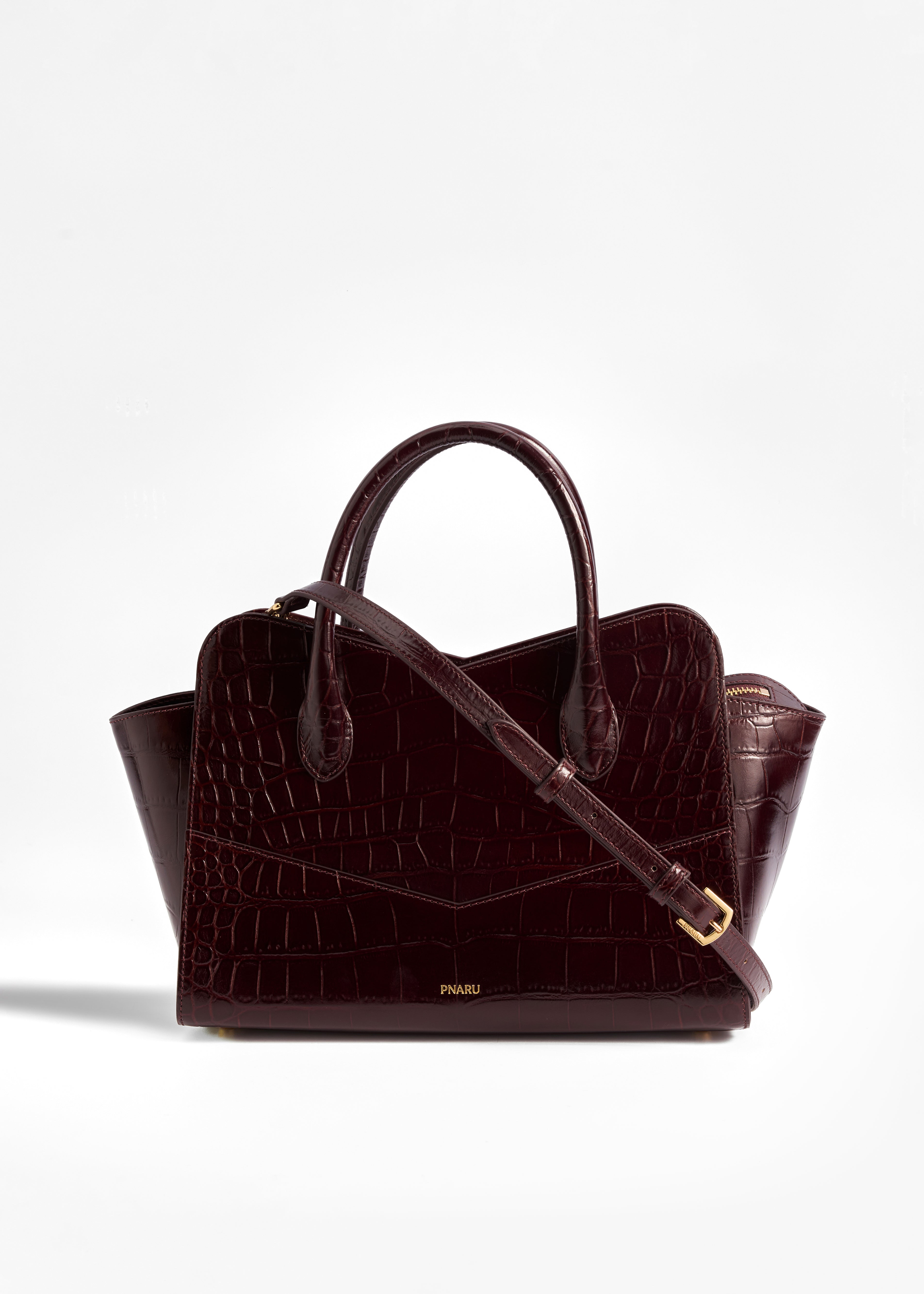 PNARU VENA MEDIUM Burgundy Croc-Embossed Leather